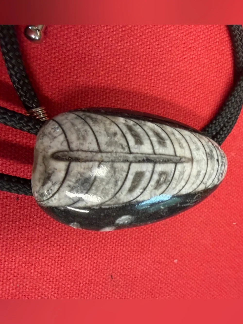 Bolo Tie Stone Fossil-Style Pattern Black Twisted Cord Silvertone Tips